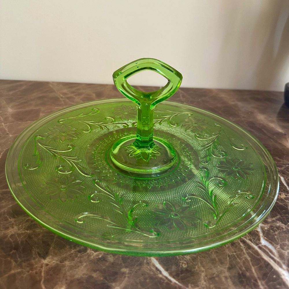 Vintage Green Pressed Glass Single Tier Dessert Stand